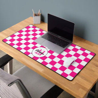 Checkered Hot pink white geometric retro Monogram Desk Mat