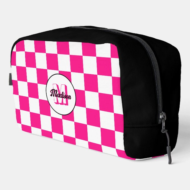 Checkered Hot pink white geometric retro Monogram Dopp Kit (Right Corner)