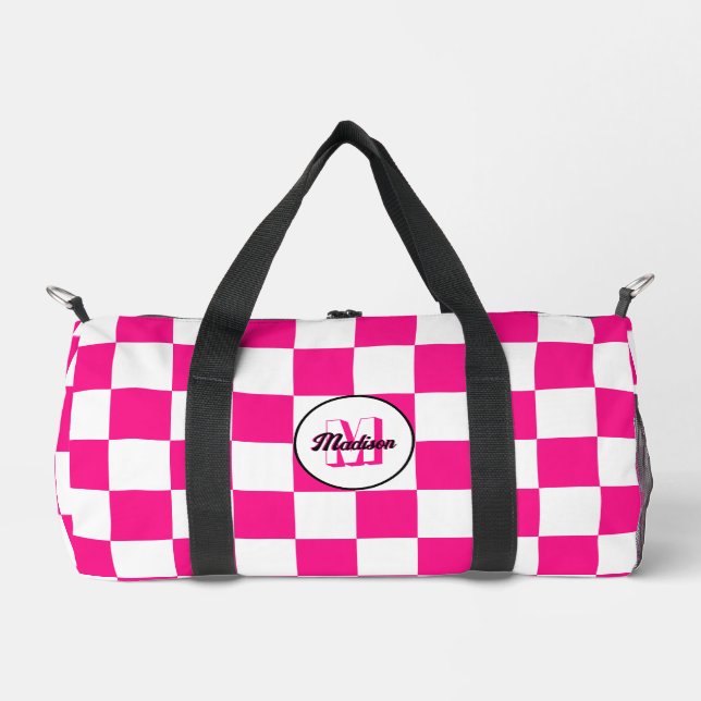 Checkered Hot pink white geometric retro Monogram Duffle Bag (Front)