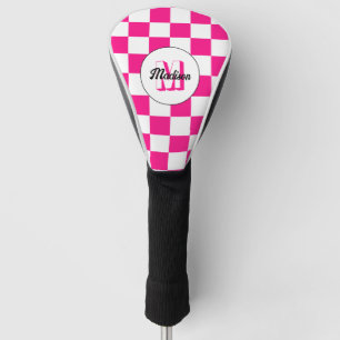Checkered Hot pink white geometric retro Monogram Golf Head Cover