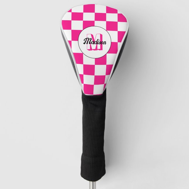 Checkered Hot pink white geometric retro Monogram Golf Head Cover (Front)