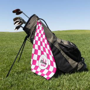 Checkered Hot pink white geometric retro Monogram Golf Towel