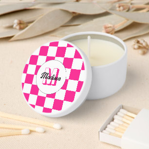 Checkered Hot pink white geometric retro Monogram Mini Candle Favors