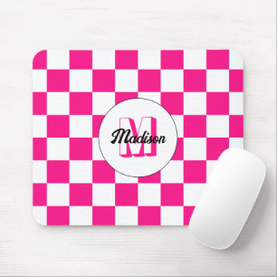 Checkered Hot pink white geometric retro Monogram Mouse Pad