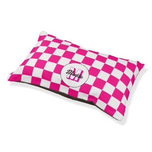 Checkered Hot pink white geometric retro Monogram Pet Bed