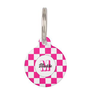 Checkered Hot pink white geometric retro Monogram Pet ID Tag