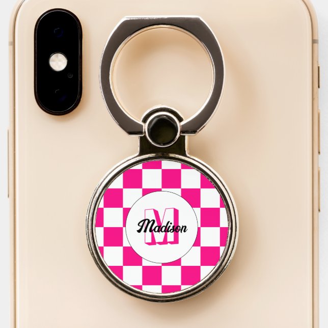Checkered Hot pink white geometric retro Monogram Phone Ring Stand (Close Up)