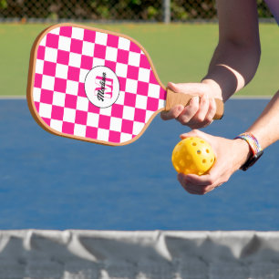 Checkered Hot pink white geometric retro Monogram Pickleball Paddle