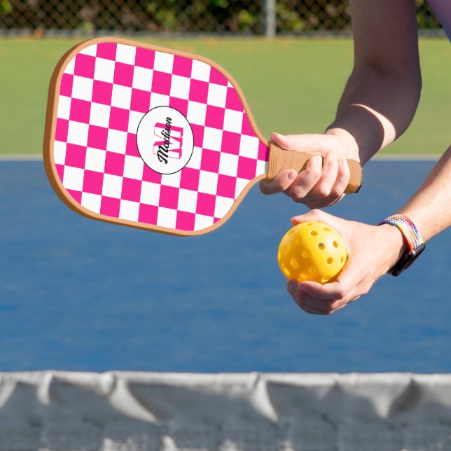 Checkered Hot pink white geometric retro Monogram Pickleball Paddle (Insitu)