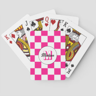 Checkered Hot pink white geometric retro Monogram Poker Cards