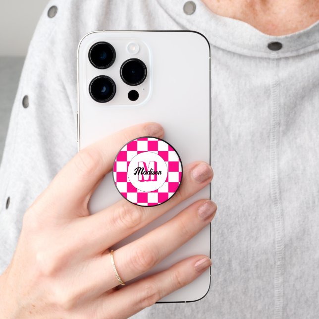 Checkered Hot pink white geometric retro Monogram PopSocket (Hand)