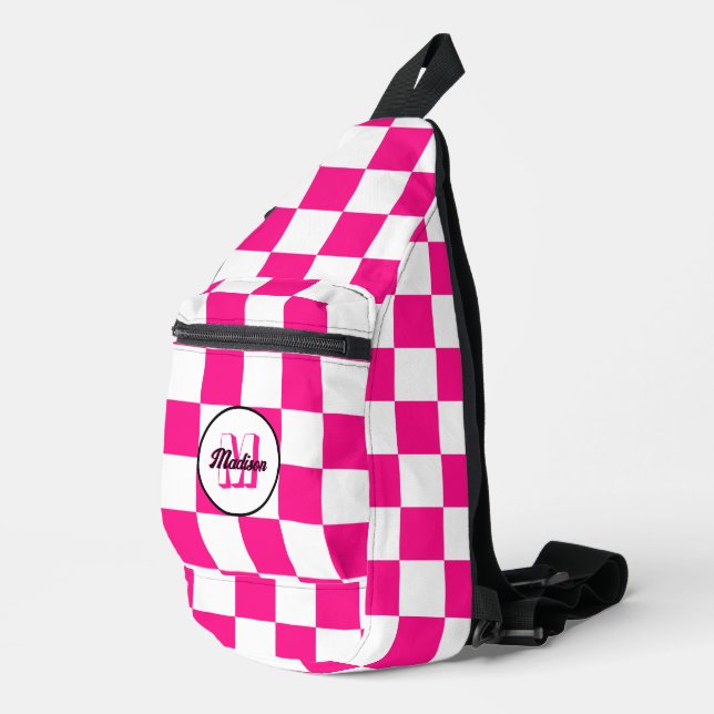 Checkered Hot pink white geometric retro Monogram Sling Bag (Right Corner)