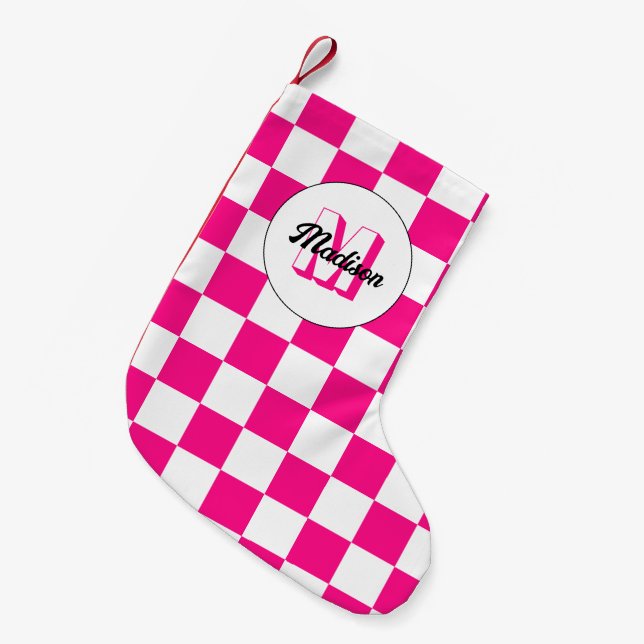 Checkered Hot pink white geometric retro Monogram Small Christmas Stocking (Front (Hanging))