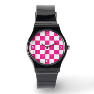 Checkered hot pink white geometric retro w numbers watch