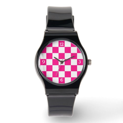 Checkered hot pink white geometric retro w numbers watch