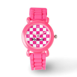 Checkered hot pink white retro w numbers Your name Watch