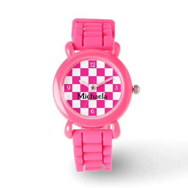 Checkered hot pink white retro w numbers Your name Watch (Front)