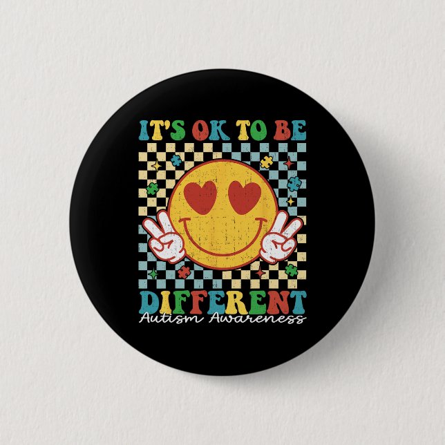 Checkered It Is Ok To Be Different Autism Awarenes Button (Front)