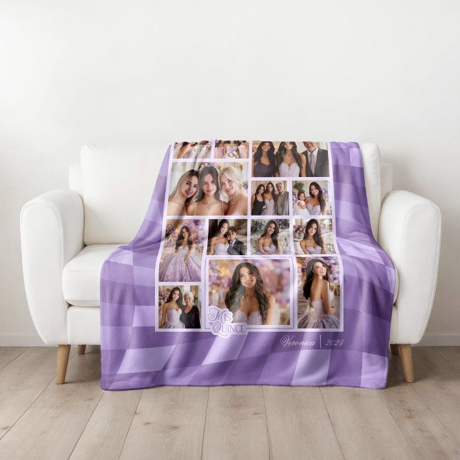 Checkered Lavender 14 Photo Keepsake Quinceañera  Fleece Blanket (Shown on a Medium 50" x 60" blanket)