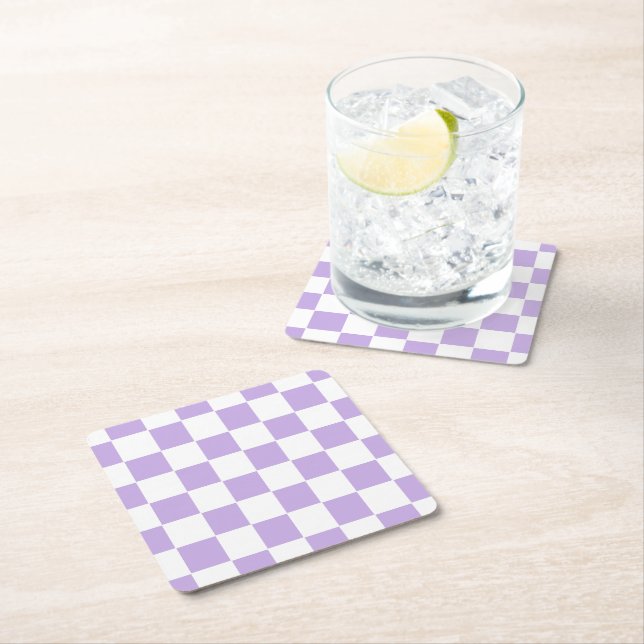 Checkered Lavender and White Square Paper Coaster (Insitu)
