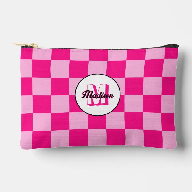 Checkered light hot pink geometric retro Monogram Accessory Pouch (Front)