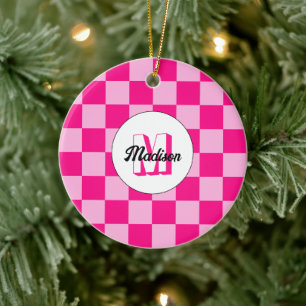 Checkered light hot pink geometric retro Monogram Ceramic Ornament