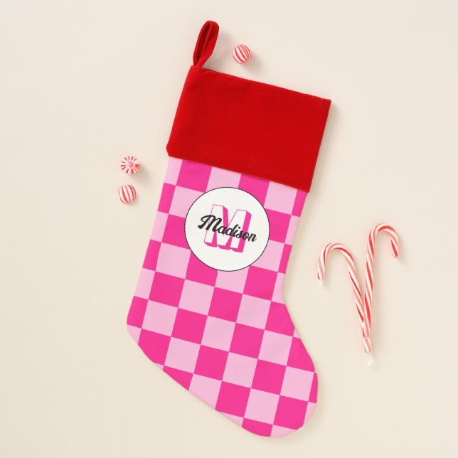 Checkered light hot pink geometric retro Monogram Christmas Stocking (Front)