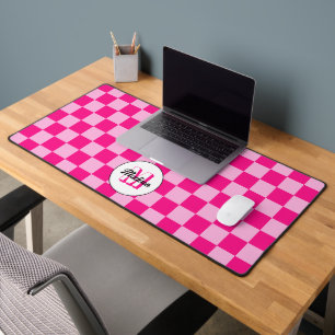 Checkered light hot pink geometric retro Monogram Desk Mat