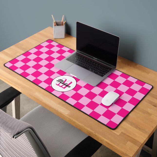 Checkered light hot pink geometric retro Monogram Desk Mat (Office 2)