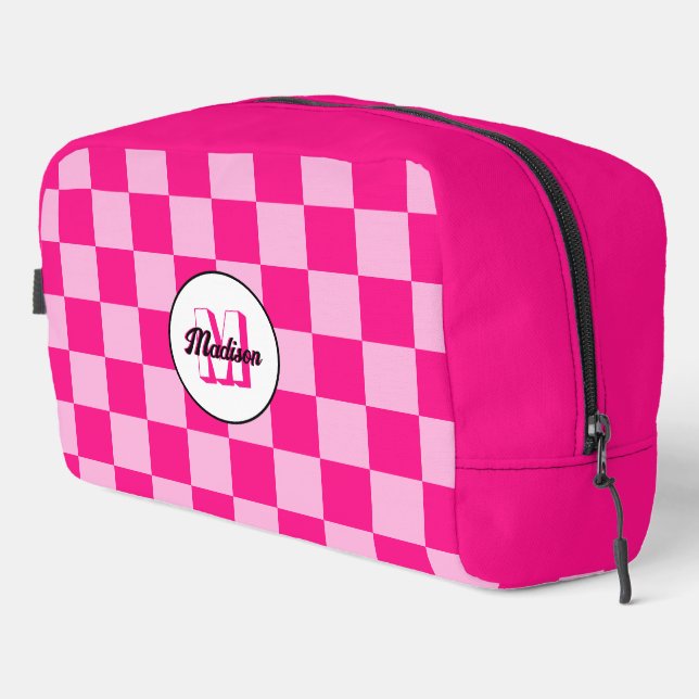 Checkered light hot pink geometric retro Monogram Dopp Kit (Right Corner)