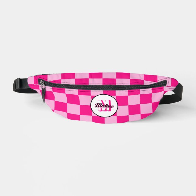 Checkered light hot pink geometric retro Monogram Fanny Pack (Front)