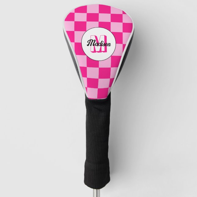 Checkered light hot pink geometric retro Monogram Golf Head Cover (Front)