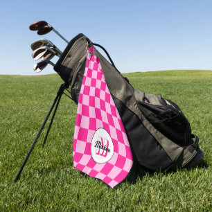 Checkered light hot pink geometric retro Monogram Golf Towel
