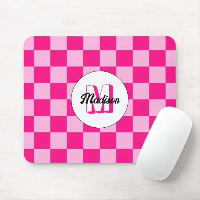 Checkered light hot pink geometric retro Monogram Mouse Pad (With Mouse)