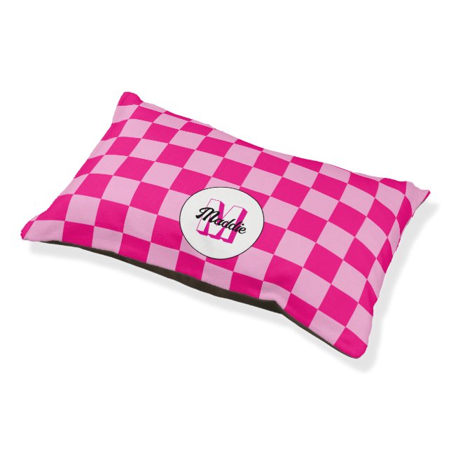 Checkered light hot pink geometric retro Monogram Pet Bed (Angled)