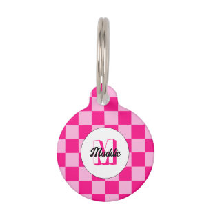 Checkered light hot pink geometric retro Monogram Pet ID Tag
