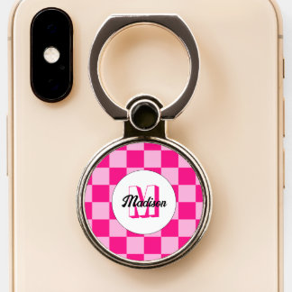 Checkered light hot pink geometric retro Monogram Phone Ring Stand