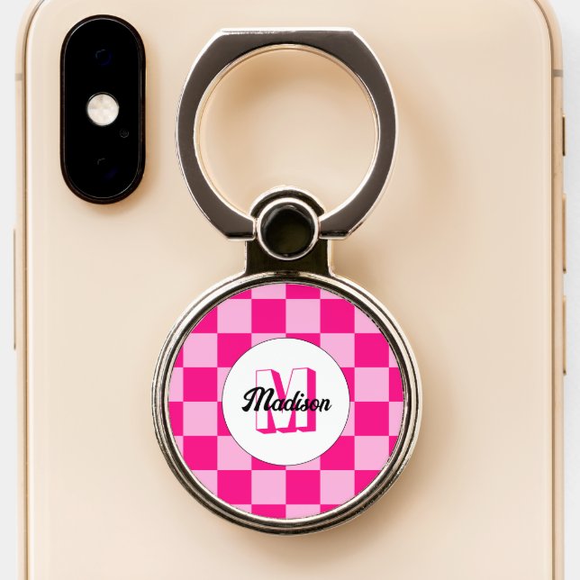 Checkered light hot pink geometric retro Monogram Phone Ring Stand (Close Up)
