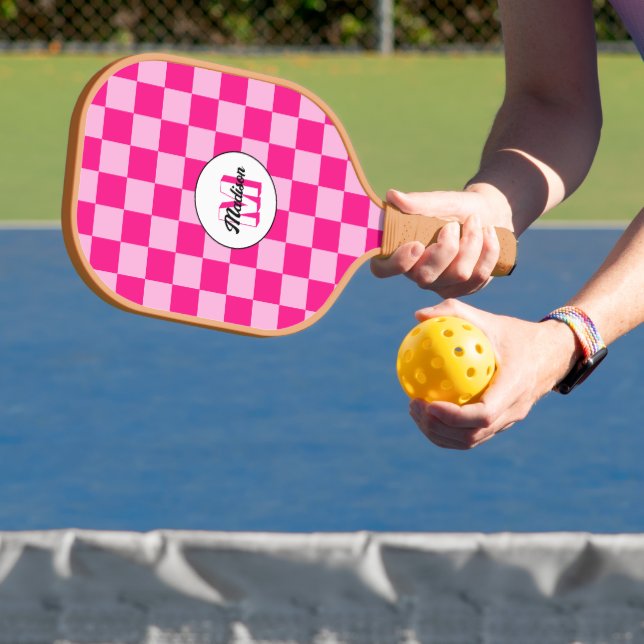Checkered light hot pink geometric retro Monogram Pickleball Paddle (Insitu)