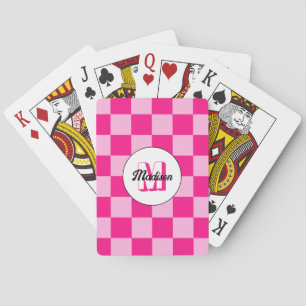 Checkered light hot pink geometric retro Monogram Poker Cards