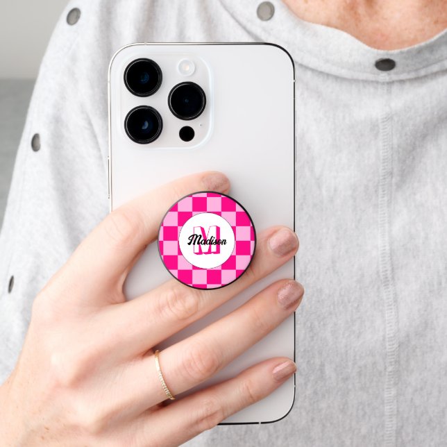Checkered light hot pink geometric retro Monogram PopSocket (Hand)