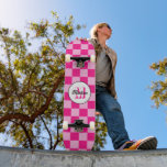 Checkered light hot pink geometric retro Monogram Skateboard<br><div class="desc">Checkered light hot pink geometric retro Monogram skateboard. Personalize Sports Equipment with your custom initial and name. 
Cool retro checker geometric square pattern design hot pink.</div>