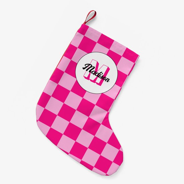 Checkered light hot pink geometric retro Monogram Small Christmas Stocking (Front (Hanging))