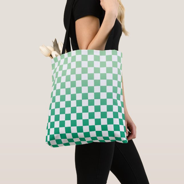 Checkered Light to Dark Green and White Pattern Tote Bag (Close Up)