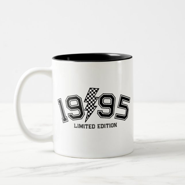 Checkered Lighting Bolt Custom Birth Year Birthday Two-Tone Coffee Mug (Left)