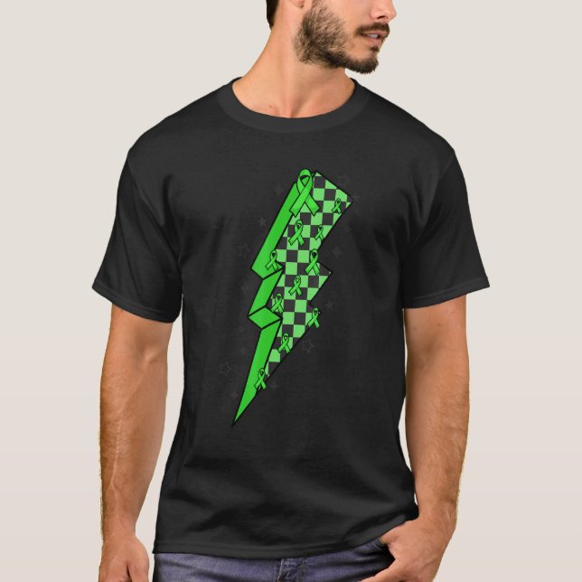 Checkered Lightning Green Ribbon Mental Illness Aw T-Shirt (Front)