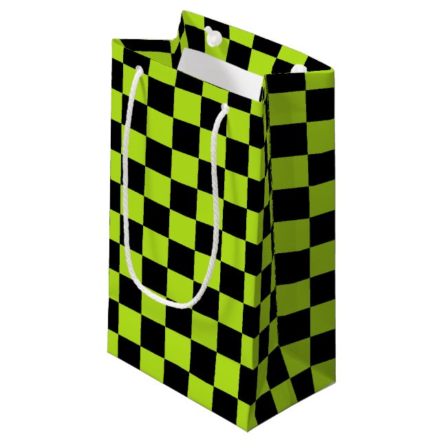 Checkered Lime Green and Black Small Gift Bag (Front Angled)
