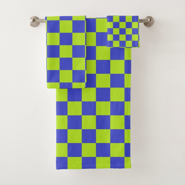 Checkered Lime Green and Blue Bath Towel Set (Insitu)