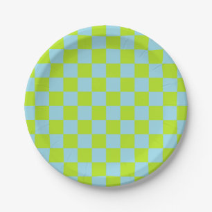 Checkered Lime Green and Pastel Blue Paper Plates