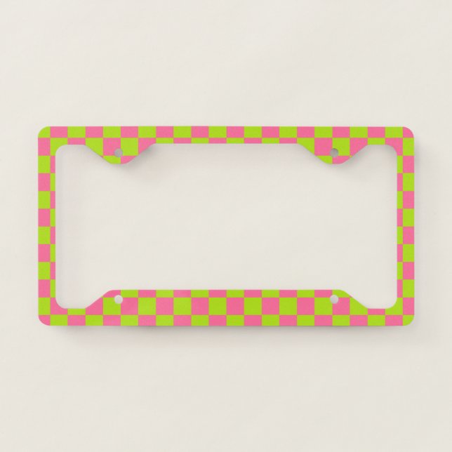 Checkered Lime Green and Pink License Plate Frame (Front)